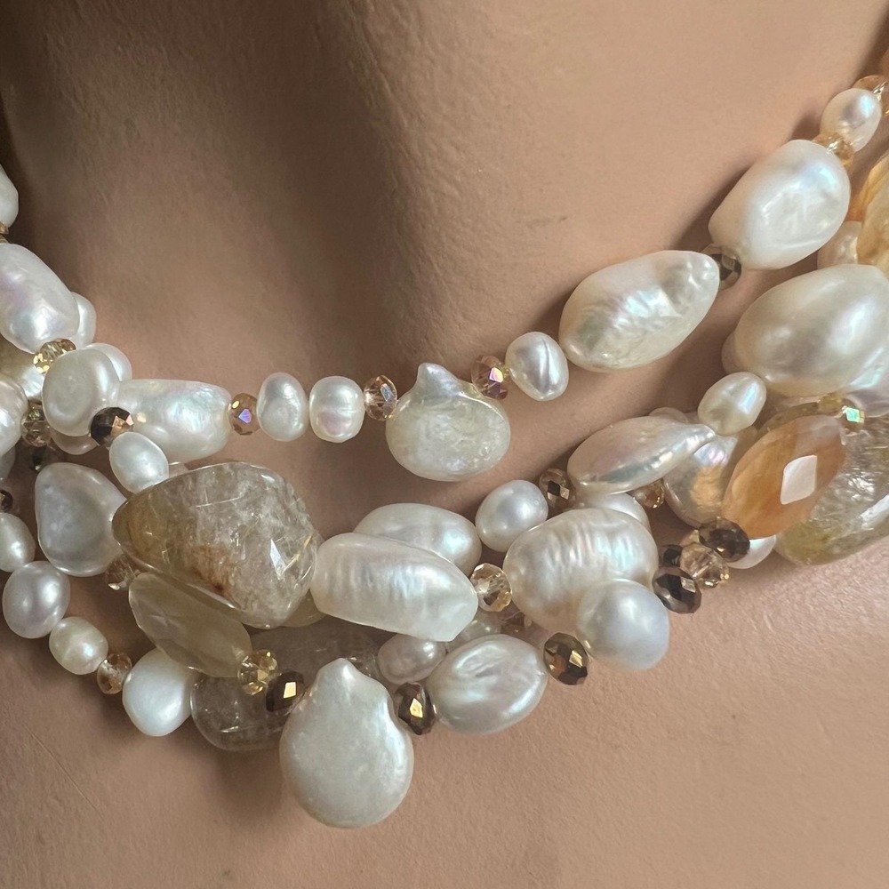 Pearl Rutilated Quartz White 18" Multi-Strand Statement Necklace - Picture 2 of 6